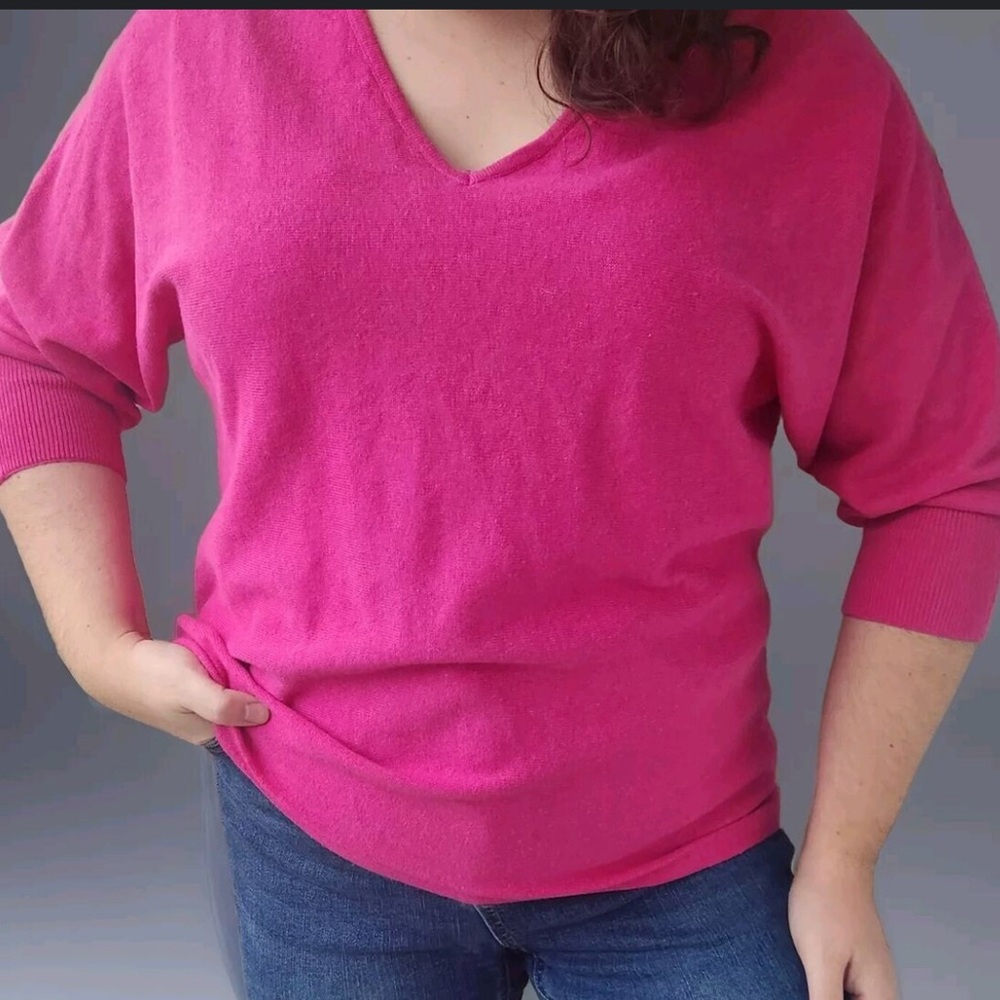 J.Jill Size Large pink pullover sweater linen cotton blend V-neck 3/4 sleeves